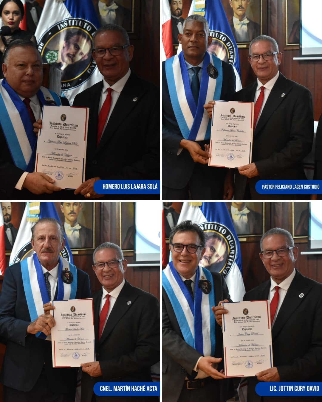 Fotografía oficial de los nuevos miembros de honor junto a la directiva del Instituto Duartiano al concluir el acto de juramentación.