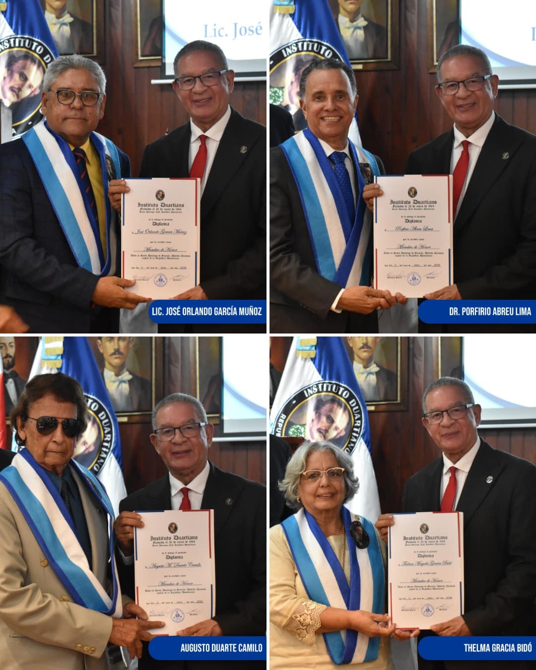 Nuevos miembros de honor del Instituto Duartiano reciben sus certificados de acreditación y el kit patriótico institucional.